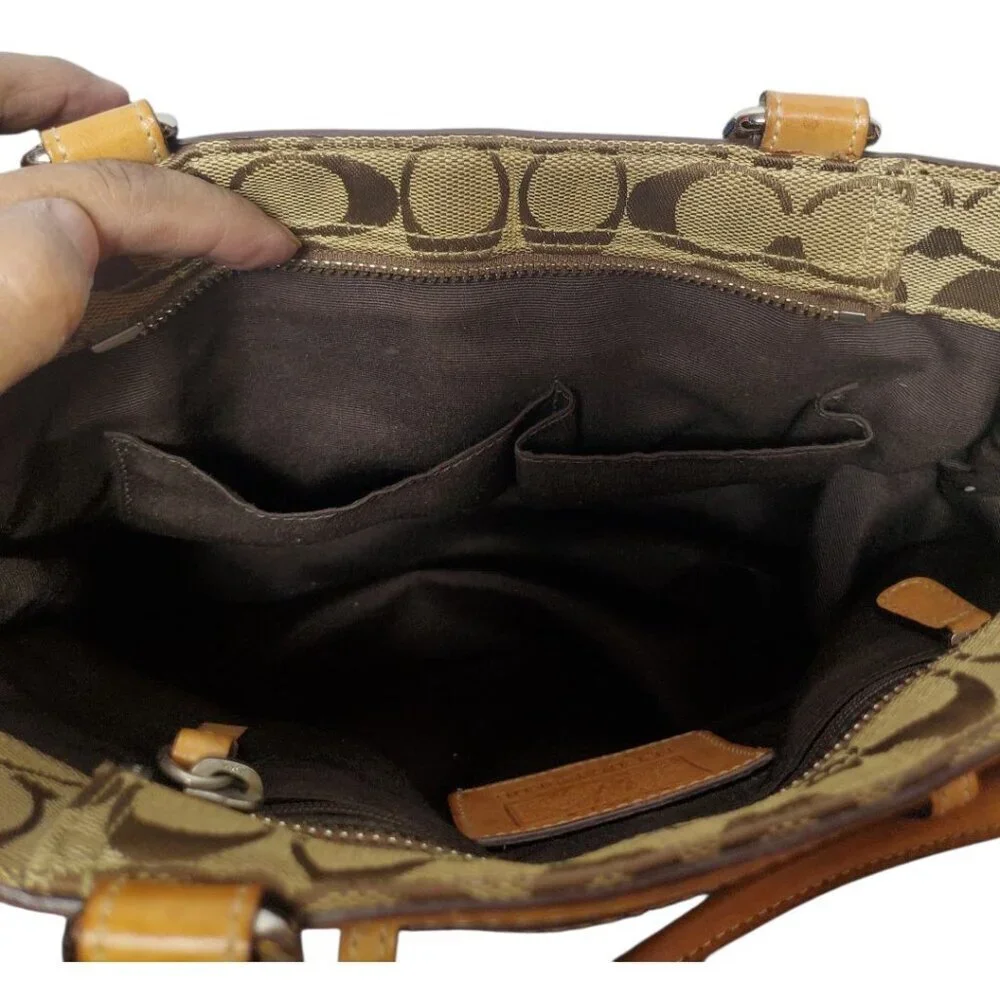 Coach Vtg Hampton Signature & Leather Satchel Bag W/Brass Hardware & Dual Handle